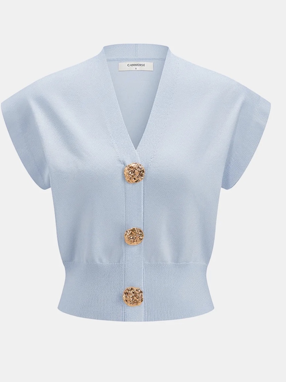 Commense Powder Blue V‑Neck Cap Sleeve Knit Top with Gold Buttons
